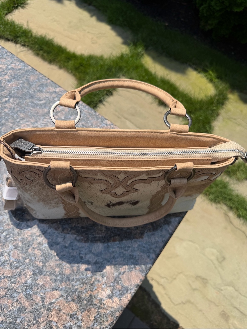 Trinity Ranch Genuine Hair-On Cowhide Collection Concealed Carry Tote - Tan - Picture 11 of 16